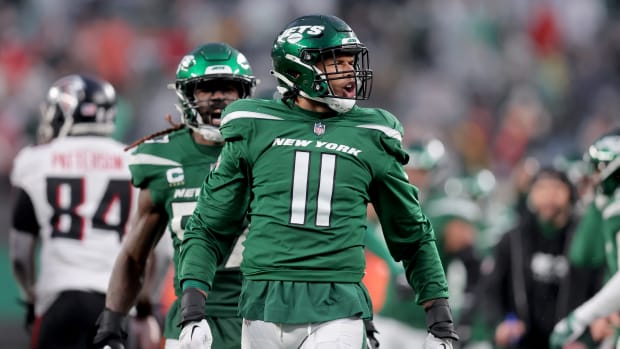 Dec 3, 2023; East Rutherford, New Jersey, USA; New York Jets linebacker Jermaine Johnson (11) reacts during the fourth quarter against the Atlanta Falcons at MetLife Stadium. Mandatory Credit: Brad Penner-USA TODAY Sports